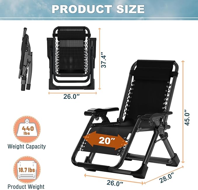ABORON Zero Gravity Chair,Premium Outdoor Lawn Folding Lounge Chairs,Sturdy Adjustable Reclining Patio Chairs with Removable Cushion,Headrest & Tray