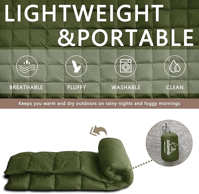 zzlamb Puffy Down Camping Blanket Water-Repellent, Down Throw Travel Blanket Portable for Outdoor, Light Warm Quilt for Couch Plane Car Theater Stadium Picnic RV Backpacking Hammock