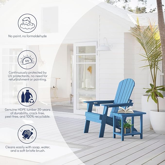 Folding Adirondack Chair with Cup Holder,SGS Tested,Heavy All-Weather,Wooden Textured,HDPE Outdoor Chairs for Patio Backyard Fire Pit, Light Blue