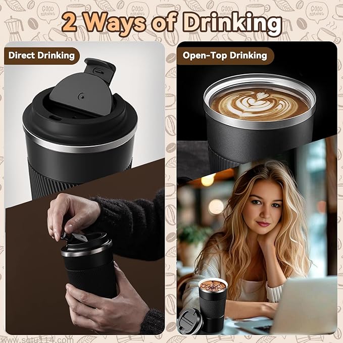 12OZ Travel Coffee Mug Insulated Coffee Cup with Spill Leak Proof Lid, Portable Stainless Steel Tumbler Reusable Hot and Cold Water Mug for Car, Daily, Camping-Black