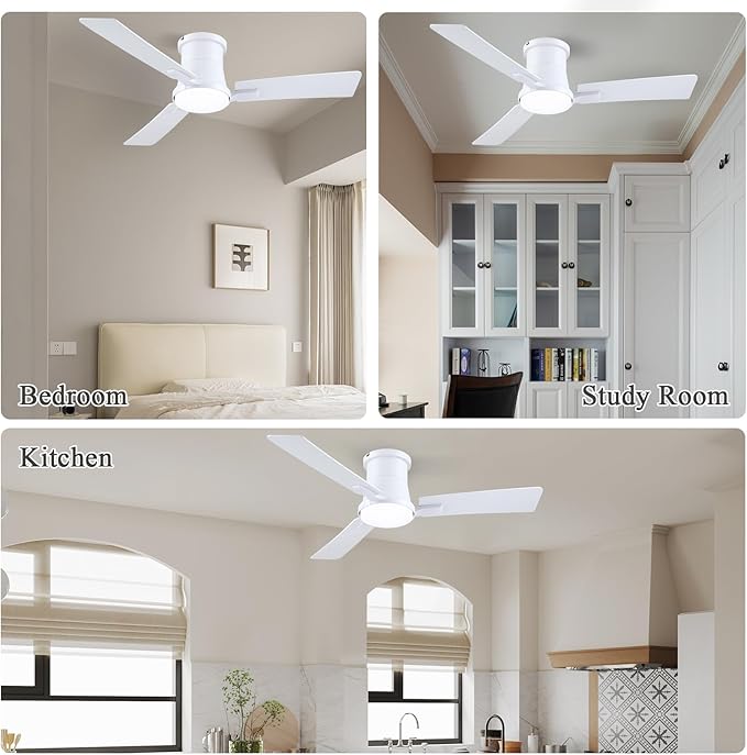 42 Inch Ceiling Fans with Lights and Remote,White Low Profile Ceiling Fan with Light,Flush Mount,Reversible,6 Speeds,3CCT Dimmable,for Bedroom,Living Room,Indoor Patio