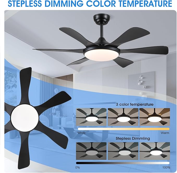 Ceiling Fans with Lights-47 Low Profile Ceiling Fan with Light and Remote/APP Control,Flush Mount,DC Reversible,LED Dimmable Black Ceiling Fans for Bedroom,Indoor/Outdoor Patio Use