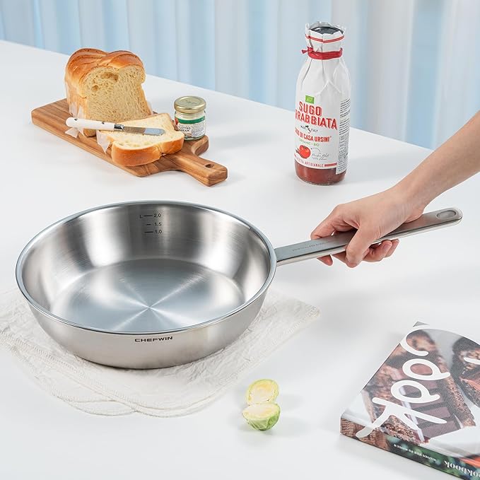 10.2-Inch 316 Stainless Steel Frying Pan, 5-Ply Saute pan, Deep Skillet, Induction Cookware, Dishwasher Safe & Oven Safe, Professional Cookware