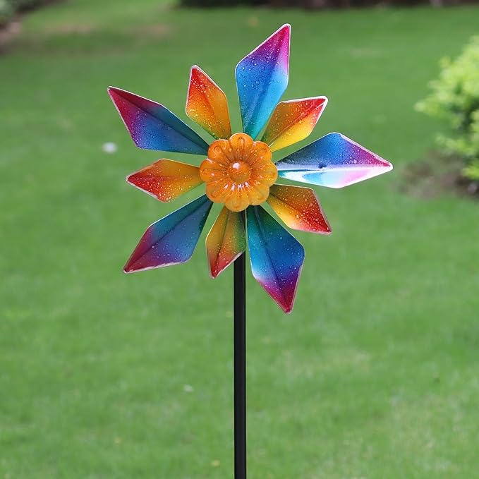 10" Small Metal Wind Spinner for Garden, 48" Tall Outdoor Flower Yard Decoration – Rainbow Gradient Petals, Weather-Resistant Garden Stake Spinner for Patio & Planter