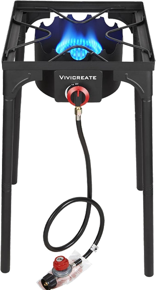 Vivicreate 30000 BTU Propane Gas Stove Outdoor Single Burner Adjustable Height with 20PSI Regulator Heavy Duty Cooker for Patio Camping Garden BBQ Fogon de Gas Estufa de Gas Portatil Parrillas de Gas