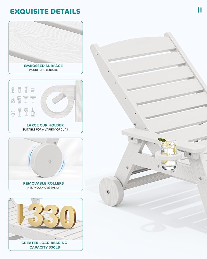 SERWALL Patio Chaise Lounge Chair Set of 2 with 9FT Patio Umbrella, 78'' HDPE Outdoor Lounger 5 Positions Adjustable, Poly Lounge Chair with Rolling Wheels & Cup Holder for Pool,Light White