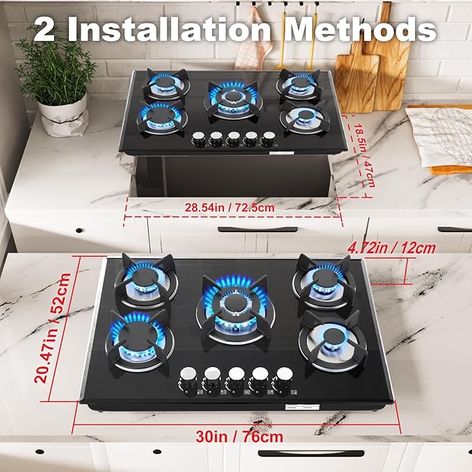 30 Inch Gas Cooktop with 5 Burners,Built-in Tempered Glass Stove Top, LPG/NG Convertible,35,900 BTU, Flame-Out Protection, Electric Ignition,Propane & Natural Gas Hob for Kitchen & RV