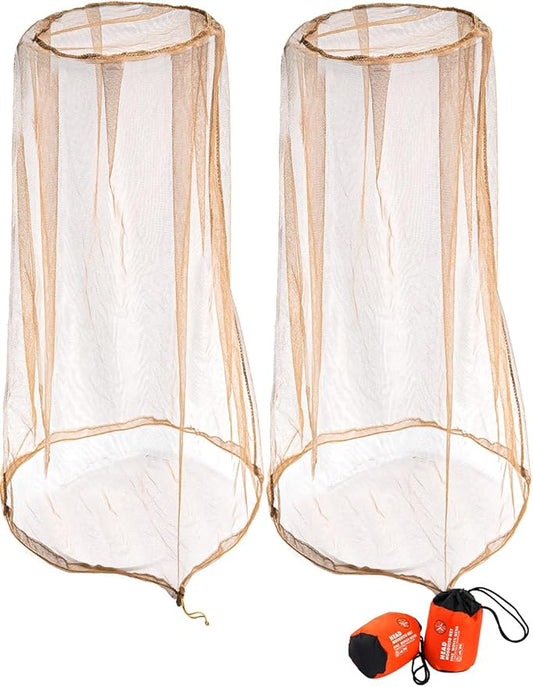 Wohohoho Mosquito Mesh Head Net with Drawstring, Face Netting for Hats & Men/Women - Beekeeper Net Mask Protection for Midge, Bugs & Gnats (2 Packs, Khaki) BIG NET