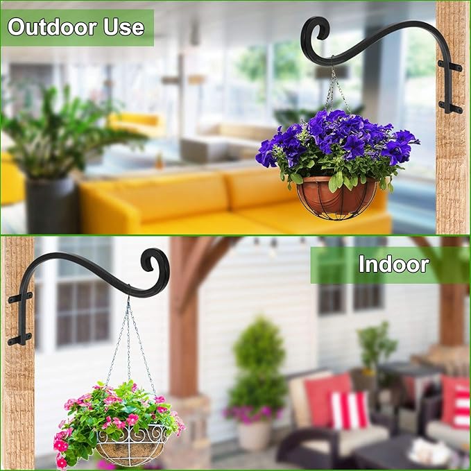 4Pack Heavy Duty Plant Hanger, 12inch Outdoor Hanging Plant Bracket, 60lbs Bearing Capacity Metal Wall Flower Pot Hanger Hooks, Wall Hanging Hooks for Wind Chimes, Bird Feeders, Lanterns