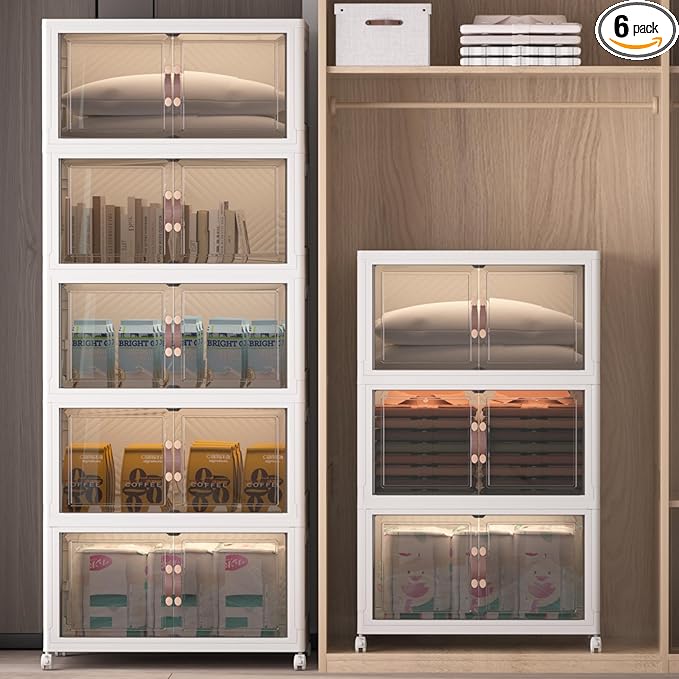 Extra Large Stackable Storage Bins with Lids & Wheels & Door, 896QT-112QT/28GAL*8Pack Foldable Collapsible Closet Organizers, Plastic containers drawers for bedroom Dorm