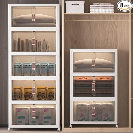 Extra Large Stackable Storage Binswith lids & Wheels, Foldable Collapsible Closet Organizers,960QT-120QT/30GAL*8Pack Plastic Containers with door & drawers for bedroom Dorm