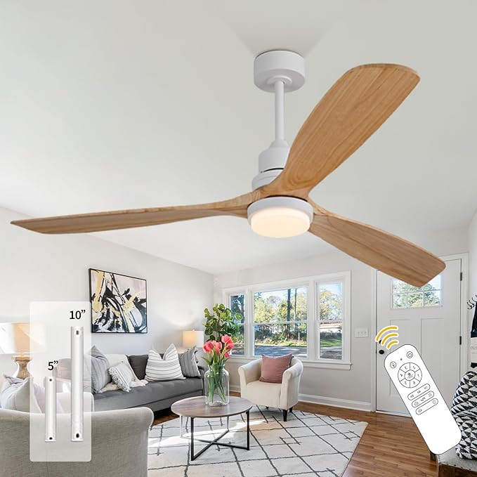 60 Inch Outdoor Natural Wood Ceiling Fans with Lights and Remote, 3 Blades Wood Outdoor Ceiling Fans, Noiseless Reversible DC Motor, for Patio,Living Room,Bedroom,Indoor,Farmhouse