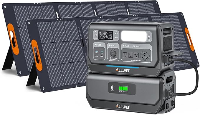 ALLWEI LiFePO4 Solar Generator 2400W with 2x 200W Solar Panels & B200 PRO Expansion Battery, 4096Wh Portable Power Station, Fast Charge in 1.5H, UPS Battery Backup for RV Camping Home Off-Grid