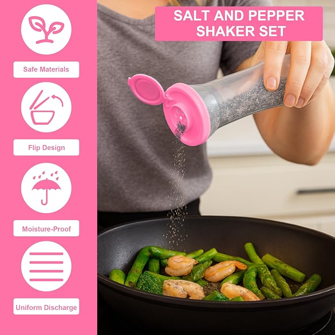 Set of 2 Clear Salt and Pepper Shakers, Plastic Spice Jars with Colorful Lids, Leakproof Moisture-Proof for Home Kitchen Restaurant, Camping, Travel, Picnic (Pink)