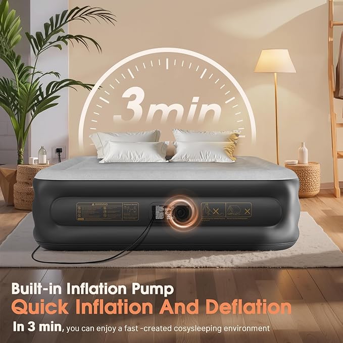 Air Mattress Queen with Built in Pump,18'' Inflatable Mattress 2 Mins Self-Inflation/Deflation,Thicker Blow up Mattress Leak-Proof,Flocked Top Air Bed with Storage Bag for Home, Camping & Guests