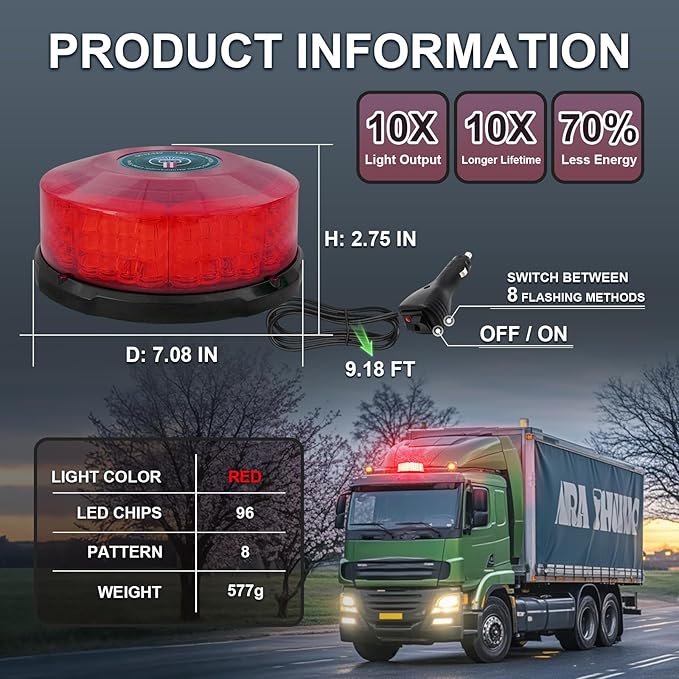 Red Beacon Lights, Magnetic Beacon Light, LED Rooftop Strobe Emergency Flashing Warning Beacon Lights with Magnetic for Trucks Vehicles Tractor Forklifts Snow Plow Boat Trailer Car Bus ATV SUV