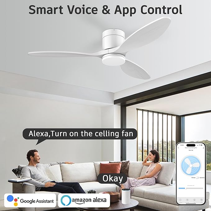 52” Wood Smart Ceiling Fans with light and Remote,Flush Mount Outdoor Indoor Ceiling Fan,Quiet DC Motor,Dimmable,Control with Voice Alexa Google App Wifi,for Low Profile Modern Bedroom Patio,White
