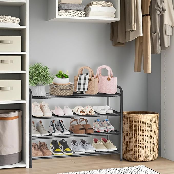 KANAV 4-Tier Expandable Shoe Rack – Adjustable Shoe Organizer & Shoe Storage for Closet, Entryway, and Front Door – Space-Saving Shoe Shelf and Rack Organizer for Home - Black