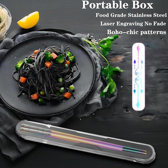 Metal Chopsticks Reusable 1 Pair Stainless Steel Travel Chopsticks Dishwasher Safe Square Lightweight Non-Slip Chop Sticks with case (Colorful Waterdrop Diamond)