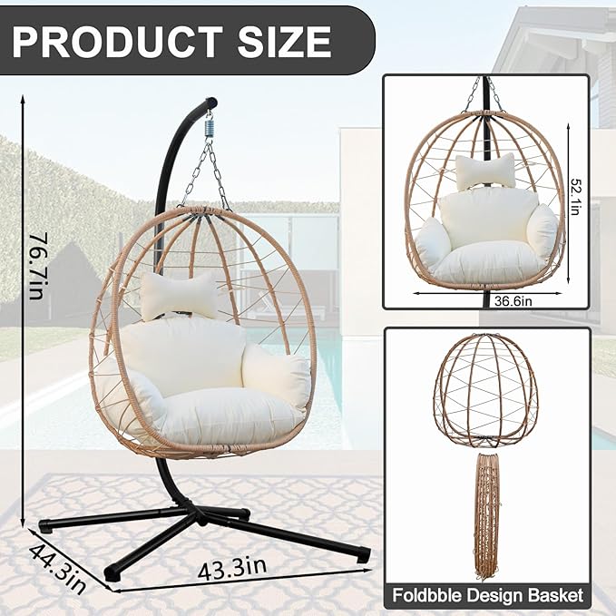 Egg Chair with Stand, Uv-Proof Pe Wicker Hanging Chair for Outdoor Patio, Cushioned Hammock Swing for Bedroom Garden Indoor/Outdoor, Double-Zipper Structure Hanging Egg Chair (Yellow and White)