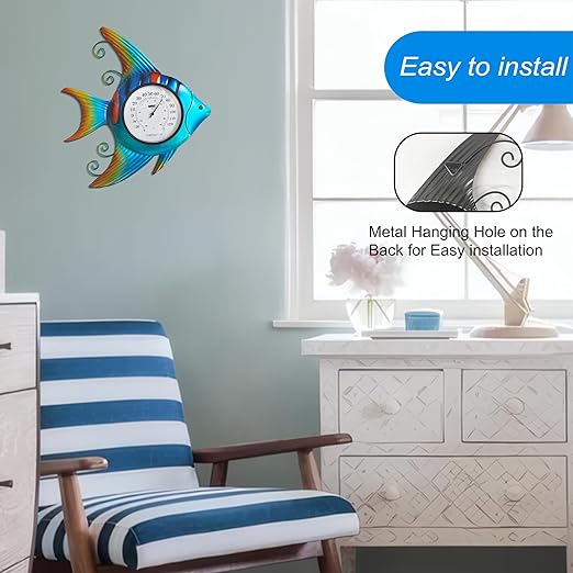 Fish-Shape Wall Thermometer, 11-Inch Battery-Free Temperature Gauge, Vintage Nautical Decor for Indoor & Outdoor Use, Auto-Calibrates in 3 Hours
