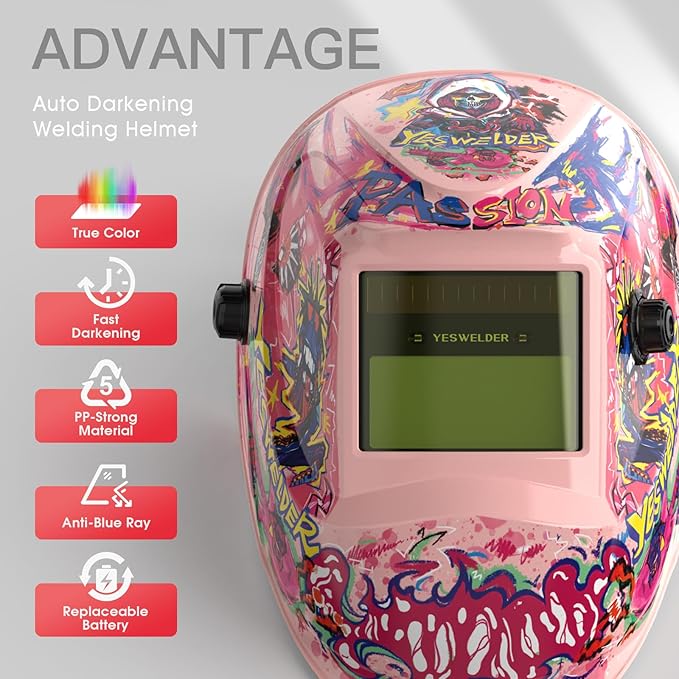 YESWELDER Auto Darkening Welding Helmet, Blue Light Blocking, 1/1/1/1 True Color Solar Powered Welding Hood with 2 Arc Sensors, Wide Shade 3.5/9-13 Welder Mask for TIG MIG ARC and Grind