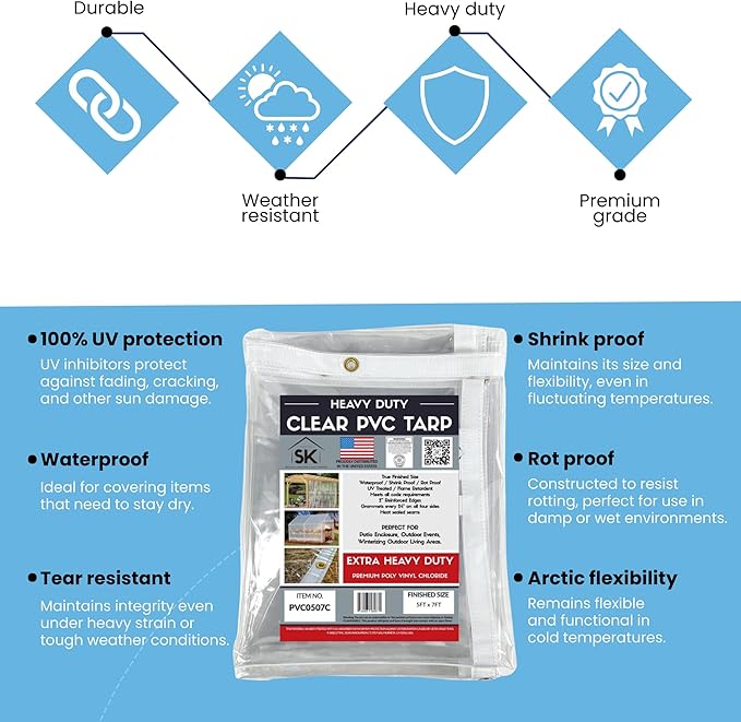 24mil Clear PVC Vinyl Heavy Duty Tarp Enclosure Panel - True Size, UV Protection, Tear Resistant, Waterproof Tarp with Arctic Flexibility 7x9
