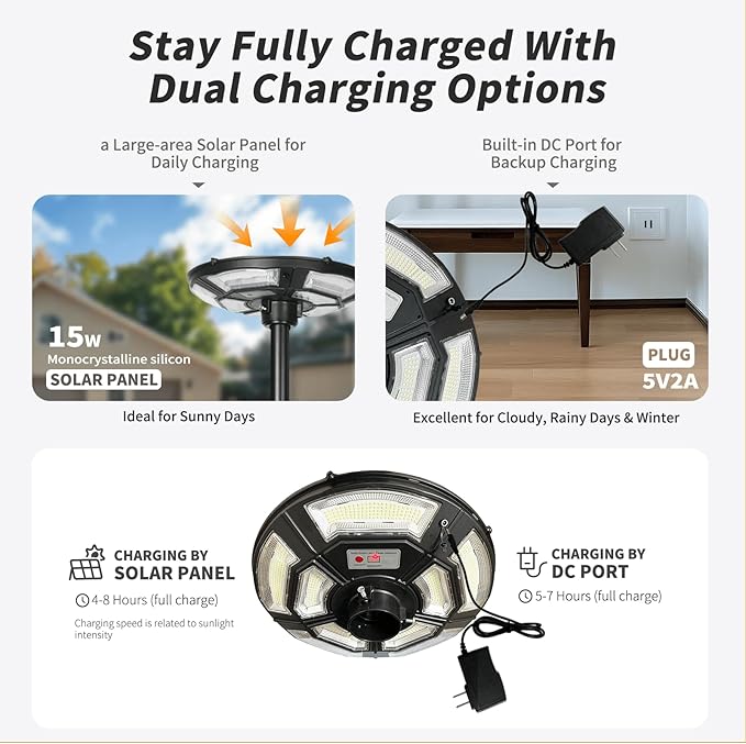 Outdoor Lamp Post Light with Motion Sensor, Solar Powered, IP65 Waterproof, Dusk to Dawn, 750-LED Pole Light Fixture with Remote and DC Port for Indoor Outdoor Lighting(Includes Plug)