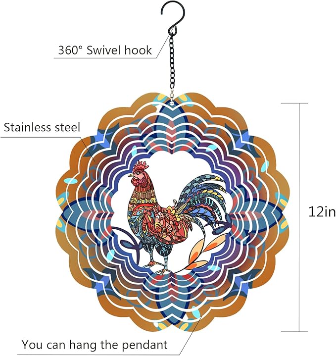 2 Pack Rooster Metal Wind Spinners - Chicken Gifts for Women Mom Grandma Wife, Hanging Wind Spinner for Outdoor & Indoor Decorations, 12 inch Wind Spinner for Christmas Thanksgiving Ornament Gifts