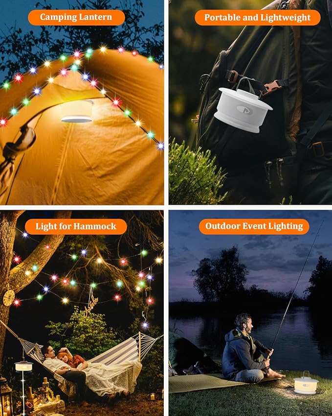 Camping String Lights – 4 in 1 Upgraded RGB Retractable Camping Lights with 19 Lighting Modes, Quick 20s Recovery, Waterproof, 33FT Portable, Rechargeable Tent Lights for Camping, Hiking,Travel,Gift