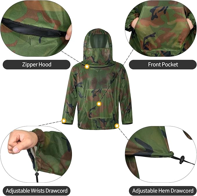 Mosquito Net Suit Camo Hunting Mesh Suit Bug Net Clothing with Hood for Outdoor Protection No-See-Ums Garden Camping