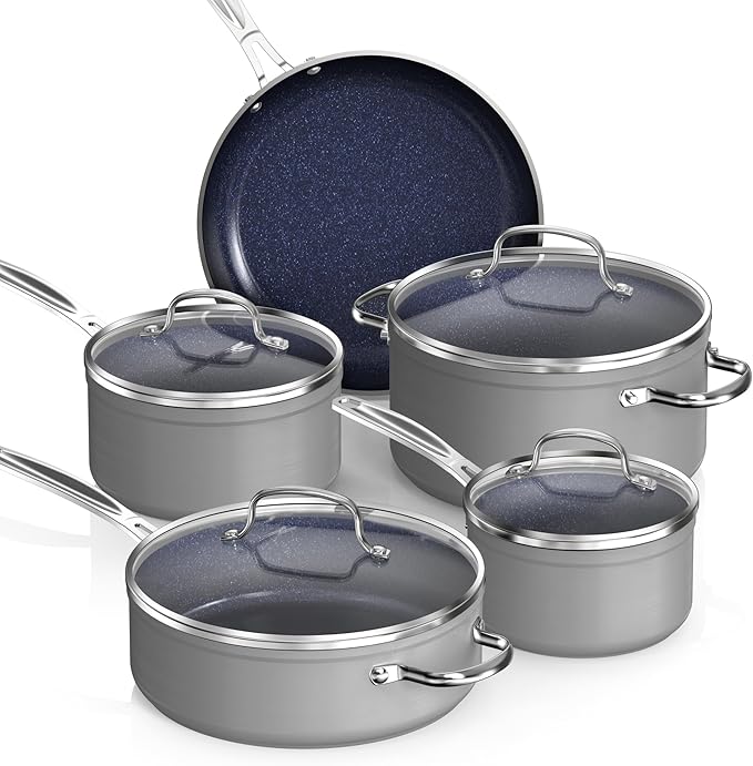 Nuwave Healthy Duralon Blue Ceramic Nonstick Coated 9pc Cookware Set, Scratch-Resistant Diamond Infused, PFAS Free, Induction Ready & Evenly Heats, Oven Safe, Tempered Glass Lids