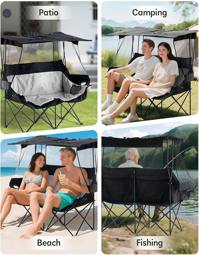 CLIPOP Double Camping Chair with Canopy, Portable Outdoor Folding Chair with Cup Holders, Side Pocket, Oversized Beach Chair with Canopy Shade for Lawn Patio Hiking, Black