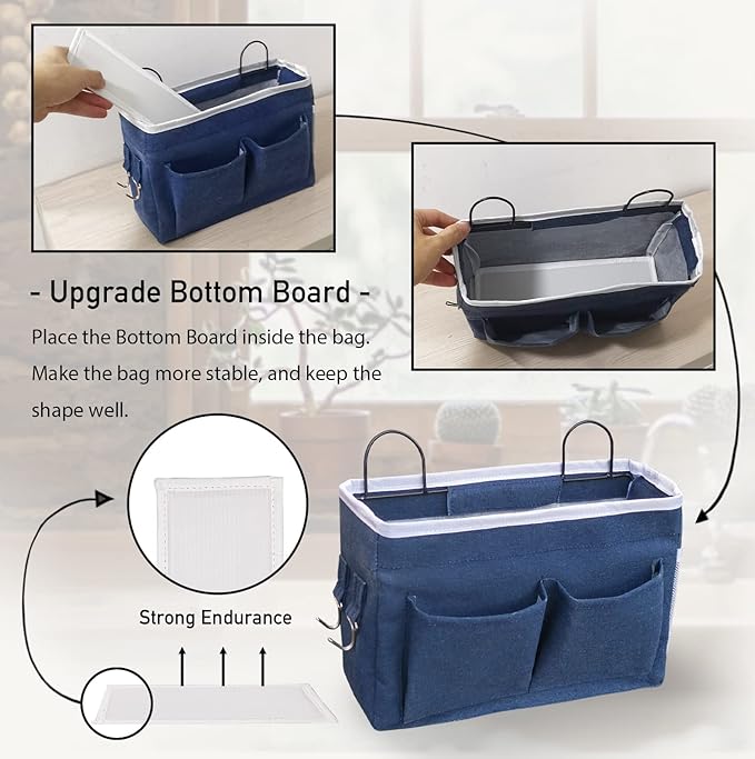 2pcs Middle Wall Hanging Organizer Bag, Linen Fabric Door Hanging Storage Basket with Pockets, Waterproof Bin for Kitchen, Bedroom, Office, RV Camper (Blue)