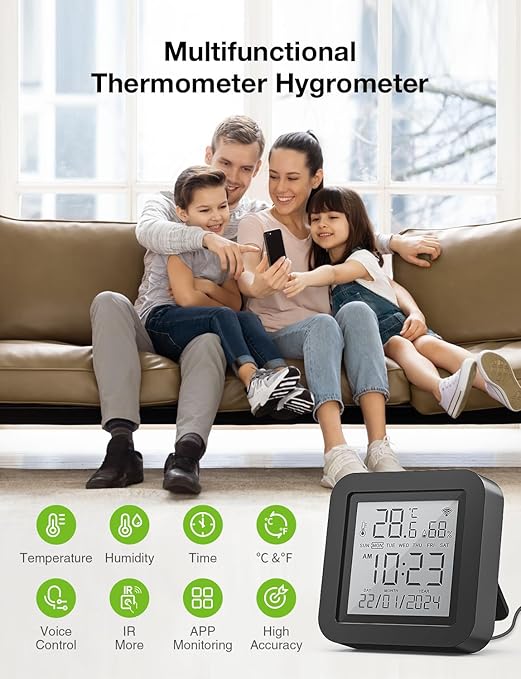 GHome Smart WiFi Thermometer Hygrometer, Indoor Temperature Humidity Sensor Electronic Ink Display IR Control, App Notification Alert, Free Data Storage Export