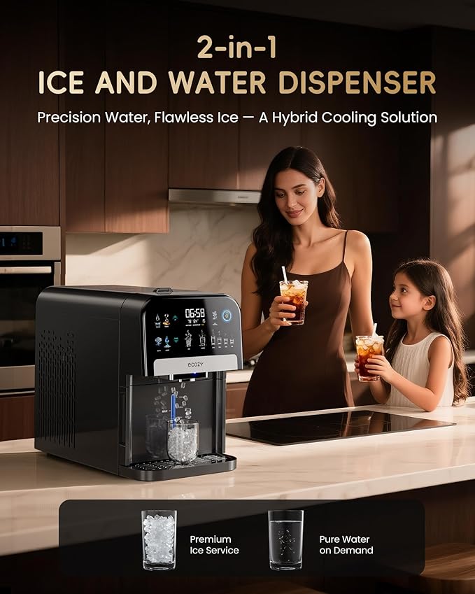 ecozy Nugget Ice Maker Dispenser, Smart 2-in-1 Pebble Ice Machine Countertop & Water Dispenser with App Control, Self-Cleaning, Auto Lighting, TDS Monitor, Measured Dispensing, 33Lbs/Day