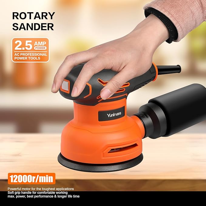 5-Inch Orbital Sander, 2.5 Amp Motor, 15 Pcs Sanding Disc Set, 6-Speed Control (6000-12000 OPM), Efficient Dust Collection for Superior Sanding and Polishing