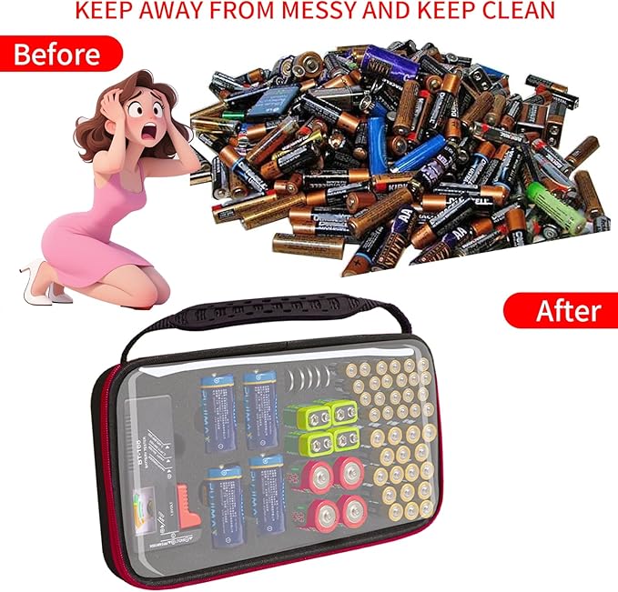 Battery Organizer Storage Case with Tester,Clear Batteries Storage Organizers Holds, Just The Right Size Slot with stable handle,Holds 57 Batteries Various Sizes（Batteries are Not Included）(Red)
