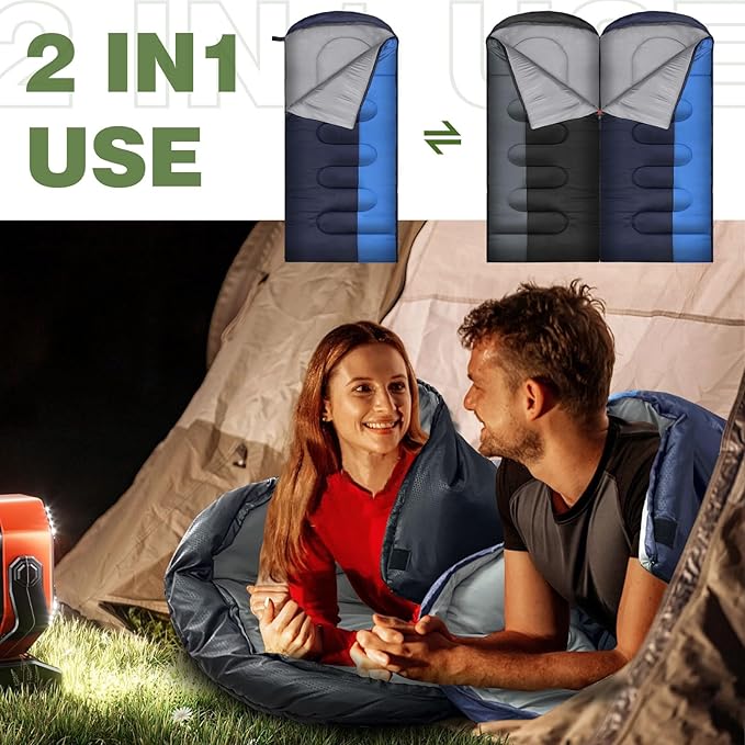 XL 10 Degree Sleeping Bags Waterproof for Adults 350GSM Machine Washable with Compression Sack for 3-4 Season Camping Outdoor