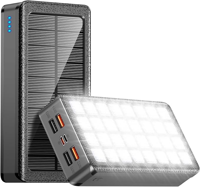 Solar Charger Power Bank 66800mAh Portable Charger with USB-C in/Output 22.5W QC3.0 Fast Charging 5 Out Ports Battery Pack Built-in 32 Led Flashlights for iPhone Samsung Tablet Camping