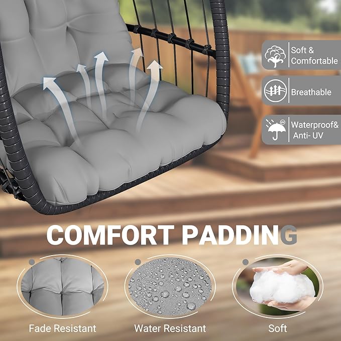 LEVELEVE Egg Chair with Stand,Patio Rattan Wicker Hanging Swing Egg Chair Hammock Chair for Bedroom Porch Garden,Thickened Aluminum Alloy Steel Frame and UV Resistant Cushion,350LBS Capacity