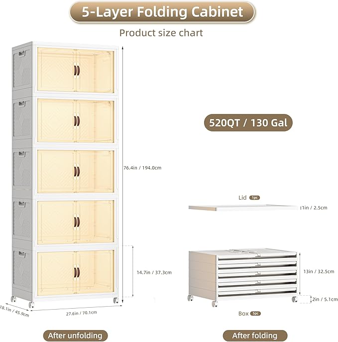 520 QT / 130 Gal Stackable Collapsible Storage Bins with Magnetic Doors & Wheels - Space-Saving Plastic Organizer Cabinet for Closet, Office, Home (White)