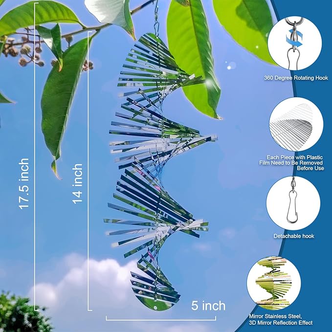 17inch Wind Spinner Outdoor Silver Fishbone 3D Metal Hanging Bird Reflectors for Outside Stainless Steel Kinetic Bird Devices to Scare Birds Away from Yard Decoraction Patio Art Whirligig Gifts