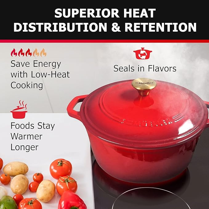 MÜELLERHOME 4.5 QT Enameled Cast Iron Dutch Oven, Heavy-Duty Casserole Dish and Braiser Pan with Lid and Stainless Knob, Oven-Safe up to 500° F & Across All Cooktops, Red
