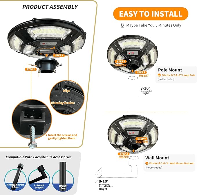 Outdoor Lamp Post Light with Motion Sensor, Solar Powered, IP65 Waterproof, Dusk to Dawn, 750-LED Pole Light Fixture with Remote and DC Port for Indoor Outdoor Lighting(Includes Plug)