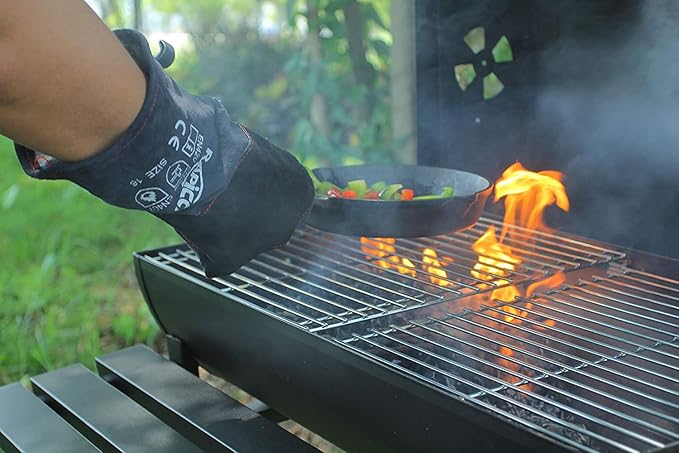 Fireplace Gloves Fire Heat Resistant: Dark-Grey 16IN 932℉ - Fireproof Leather for Fireplace Fire Pit Wood Stove Campfire Furnace BBQ Grill Oven Stick Mig Welding Welder Gear - Birthday Gift XL