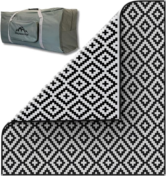 8x8 Black & Gray Outdoor RV Mat with Carry Bag – Extra Thick 5mm Recycled Poly Rug – Heavy-Duty, Waterproof, Reversible – Luxury Camping Mat for Patio, Beach (Black, 8' x 8')