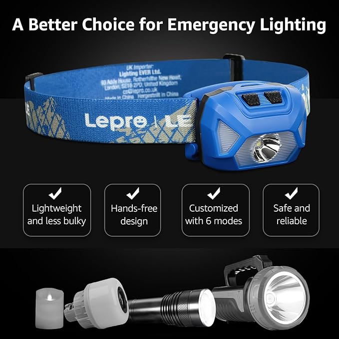 Lepro 320015 Battery Powered Headlamp - 1300Lux Super Bright LED Head Lamp with Red Light, IPX4 Waterproof Headlights for Outdoor Camping, Hiking, Hunting, Power Outages, Emergency, Hurricane - Blue