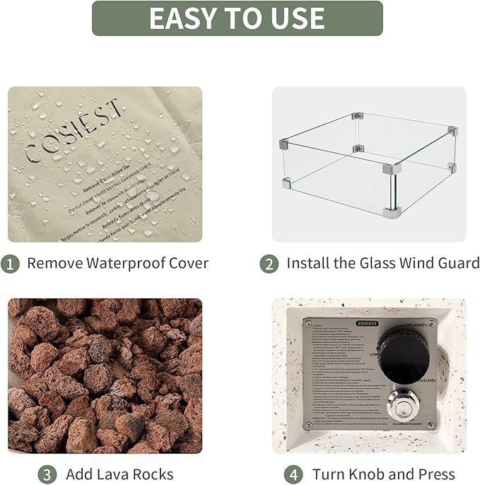 COSIEST Square Outdoor Sandstone Propane Fire Pit w Wind Guard, CSA Certified, 50,000 BTU Stainless Steel Burner, 35-inch, Free Lava Rocks and Rain Cover, Tank Outside, Metal Lid