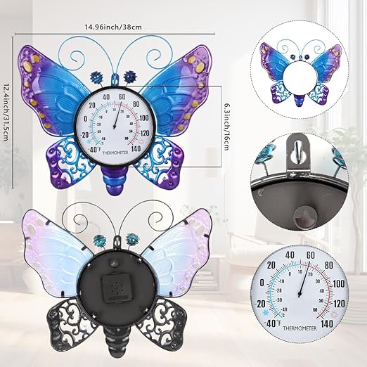 Outdoor Thermometer, Blue Butterfly Indoor Thermometer No Need Battery, Metal Wall Thermometer for Patio Home Room Decor
